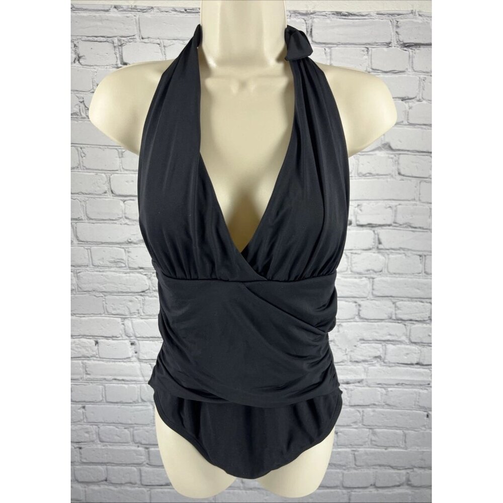 La Blanca Black Ruched Halter Lined Slimming Lightly Padded 1 Piece Swimsuit 14